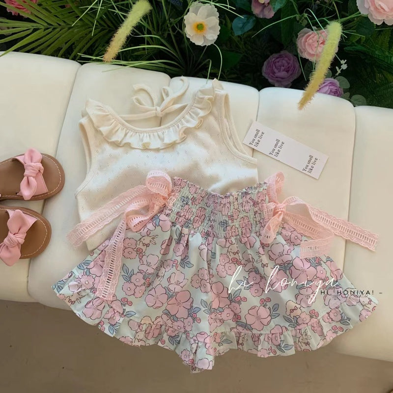 Baby Girl Outfit Dress Stylish Princess Sweet Floral Cute Internet Celebrity Summer Thin Sleeveless Vest Set Pants Skirt
