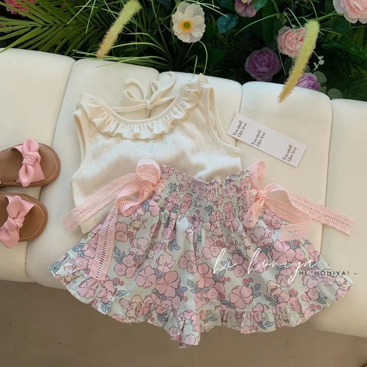 Baby Girl Outfit Dress Stylish Princess Sweet Floral Cute Internet Celebrity Summer Thin Sleeveless Vest Set Pants Skirt