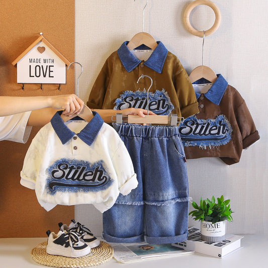 Boys' outfit stylish patch denim letter polo two-piece set, fashionable and handsome for toddlers in autumn