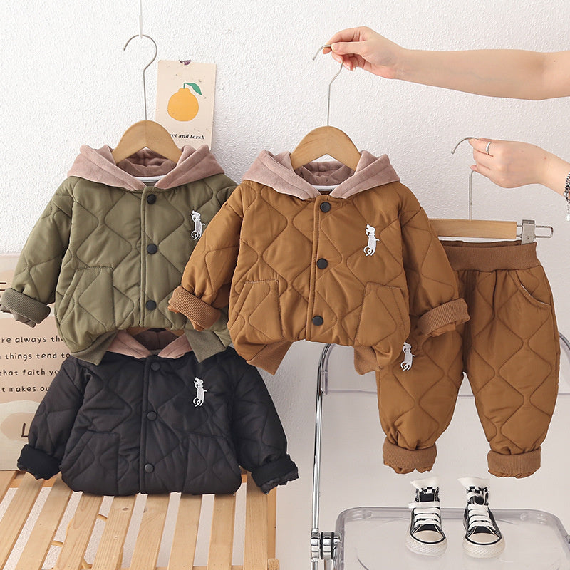 Boys' Autumn-Winter Outfit 2026 New Cartoon Children's Fleece-Lined Jacket Two-Piece Set Baby Winter Clothes Trendy Wholesale