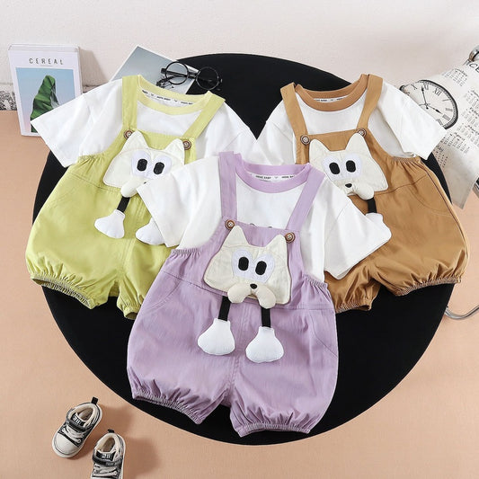 Baby 2026 Long-Pants Dog Overalls Short-Sleeve Korean Style Infant Boy Summer Clothes Two-Piece Set