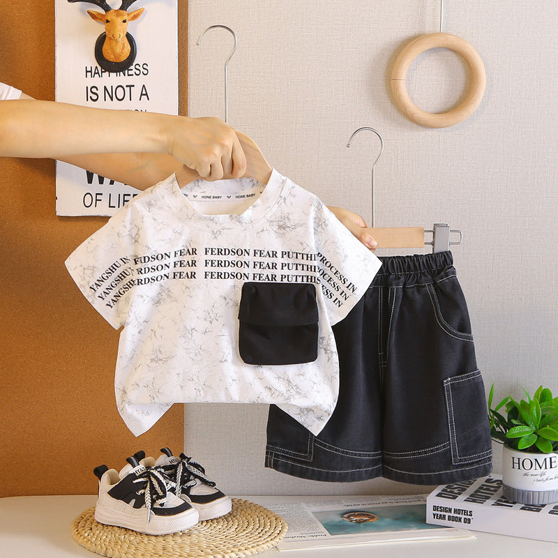 Boys' Outfit 2026 New Style Pocket Short Sleeve Fashionable Toddler Summer Clothes Round Neck Thin Two-Piece Set Trendy