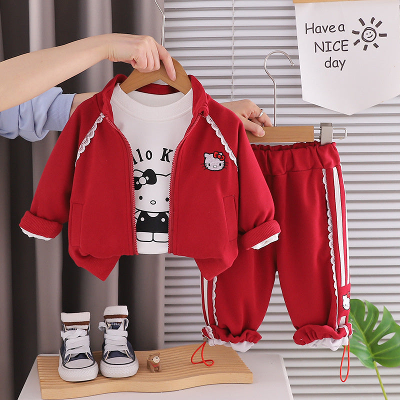 Girls' Outfit: Stylish and Fashionable Lace Embroidered Jacket Three-Piece Set, Baby Spring Cartoon Clothes, Trendy Infant Clothing