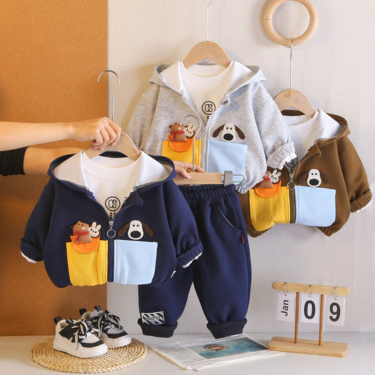 New Outfit Boys: Stylish Baby Three-Piece Set with Double Pockets Cartoon Hooded Jacket for Infants Children in Spring and Autumn