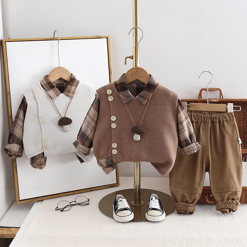 Boys' Spring Outfit 2025 New Style 0-1-5 Years Old Baby Double Button Large Plaid Vest Three-Piece Set Fashionable