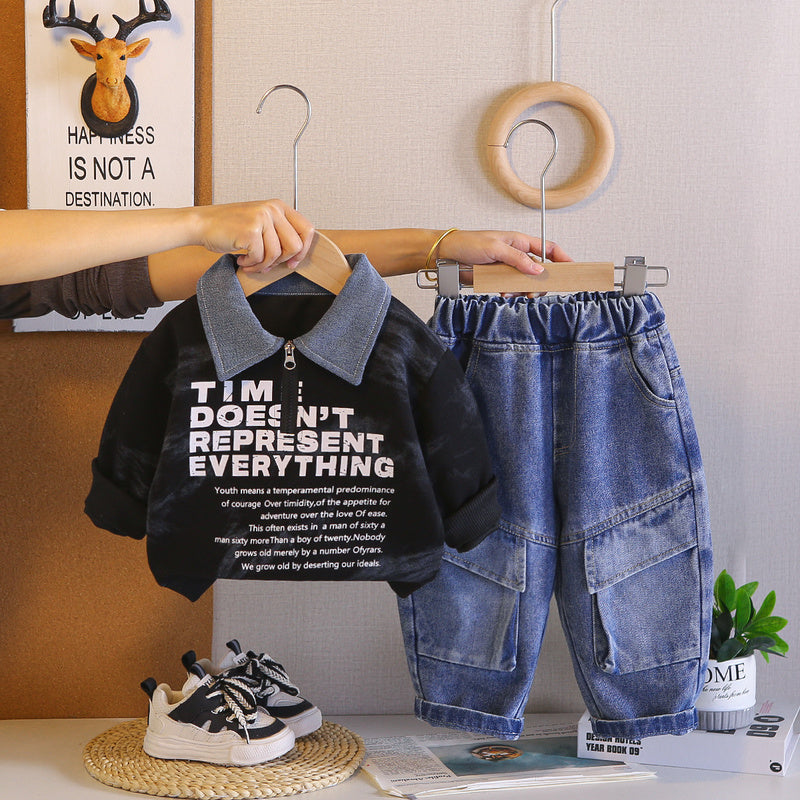 Boys' Outfit 2026 New Style Infant Children's Spring and Autumn Baby Loose Half-Zip Sweatshirt Two-Piece Set