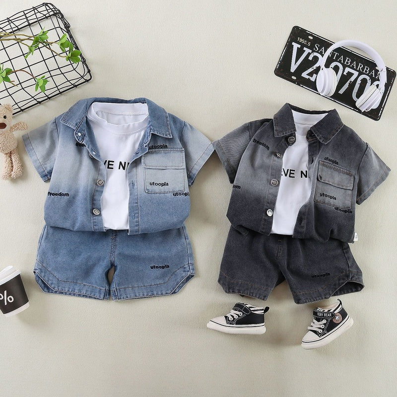 Boys Outfit 2026 New Fashionable Trendy Baby Summer Clothes Children's Denim Short Sleeve Three-Piece Set
