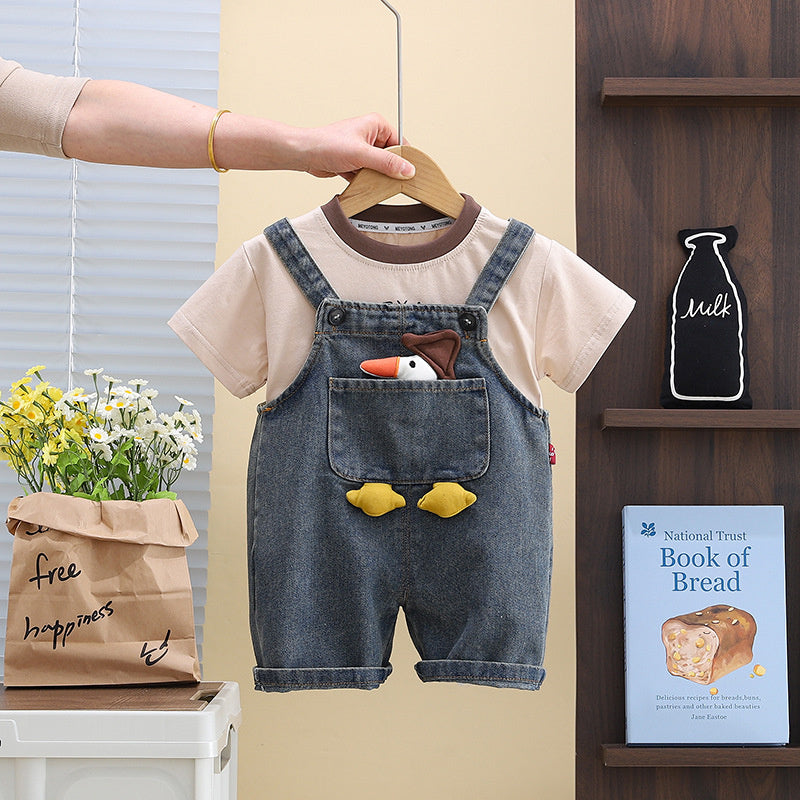 Children's Duck Denim Overalls 2025 New Boys' Summer Thin Short Sleeve Two-Piece Set Trendy