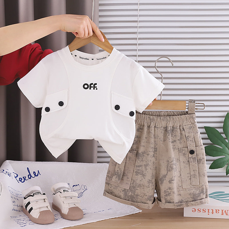 Boys' Outfit 2026 New Fashionable Baby Two-Piece Set with Double-Button Faux Pockets and Short Sleeves, Children's Summer Clothing