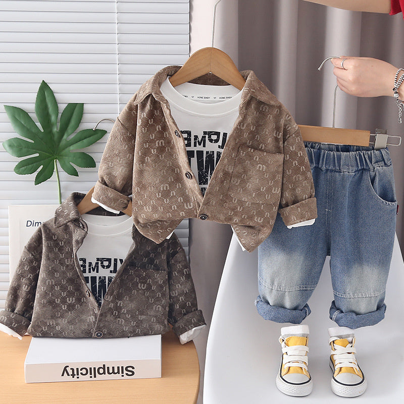 Boys' Outfit 2026 New Style Baby Furry Letter Cardigan Three-Piece Set Infant Children's Spring and Autumn Fashion Clothing