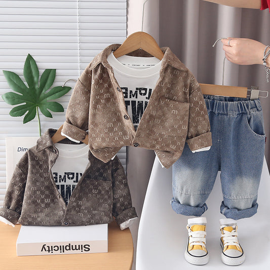Boys' Outfit 2026 New Style Baby Furry Letter Cardigan Three-Piece Set Infant Children's Spring and Autumn Fashion Clothing