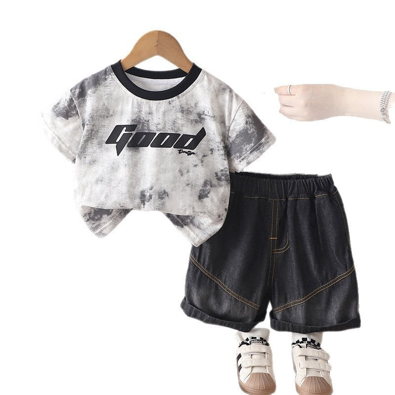 Children's Tie-Dye Letter Print Short Sleeve Set, New Summer Style for Boys, Cute and Stylish Casual Sports Two-Piece Outfit