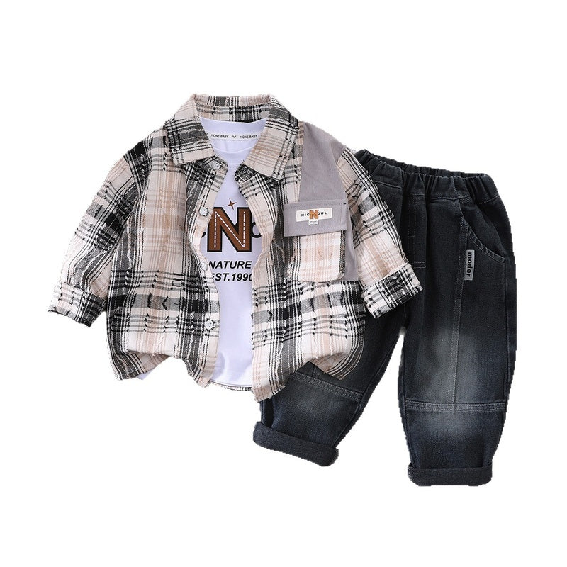 Boys' Spring and Outfit 2026 New Plaid Three-Piece Set Baby Autumn Casual Shirt Trendy Children's Clothing