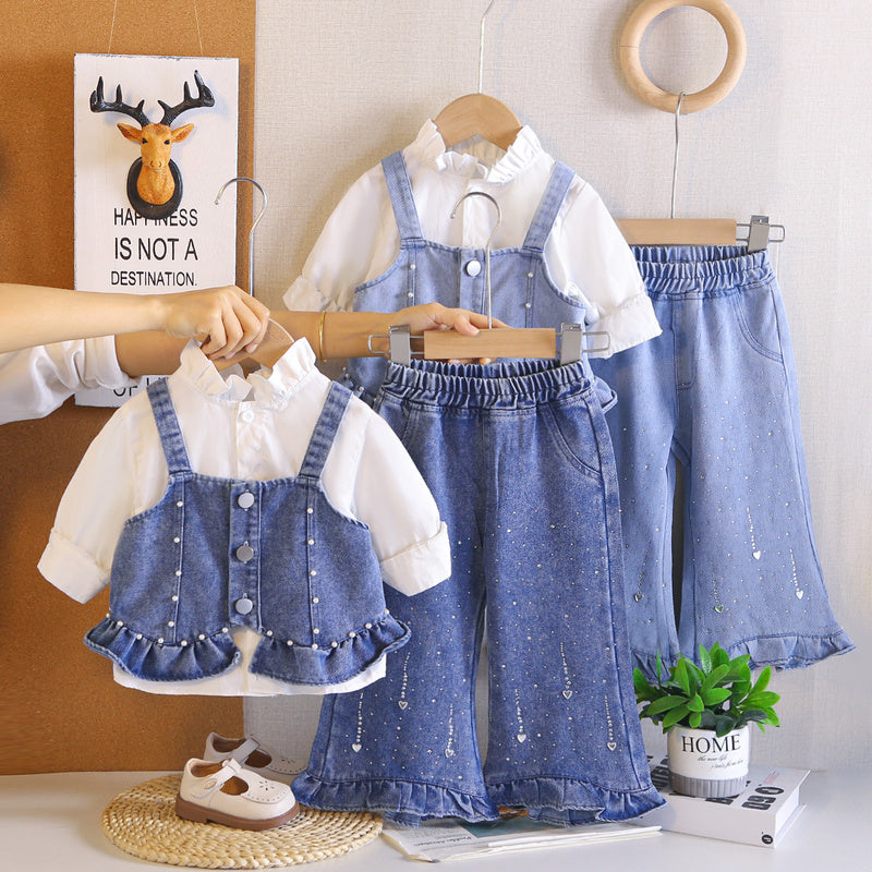 Girls' Spring and Autumn Outfit 2026 New Fashionable Casual Denim Beaded Strap Three-Piece Set for Kids