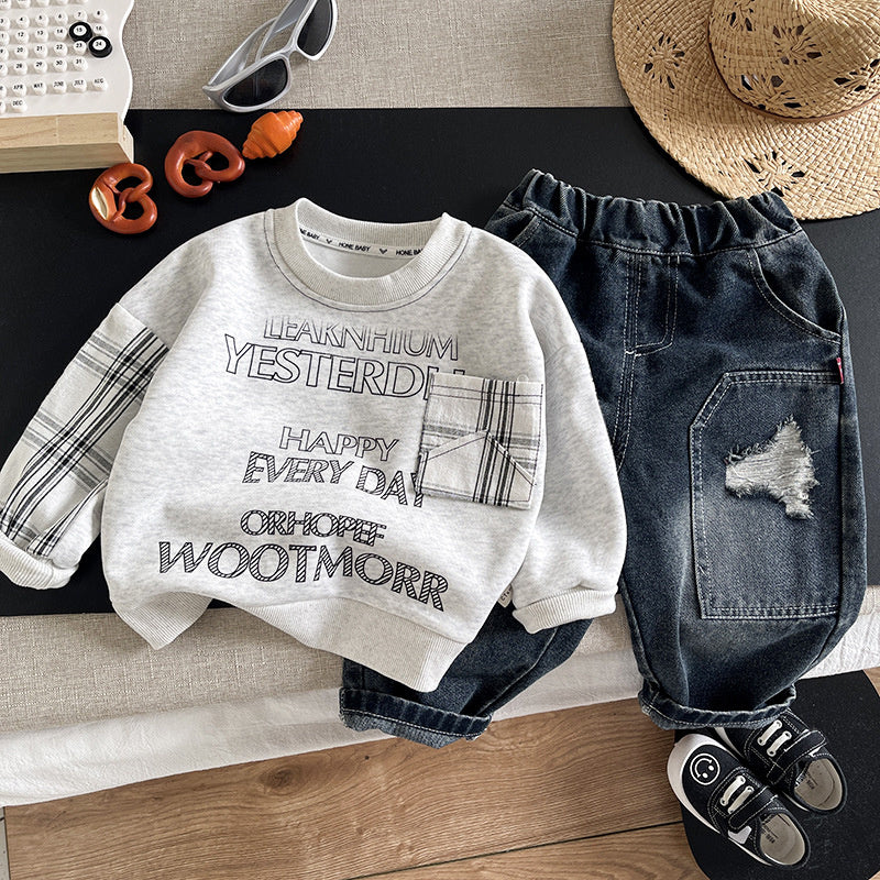 Boys' Spring and Autumn Outfit 2026 New Stylish Infant Children's Clothing Trendy Baby Patchwork Sleeve Round Neck Sweatshirt Two-Piece Set