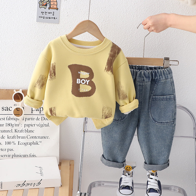 Boys' Outfit 2024 New Stylish Children's Clothing Spring and Autumn One-Year-Old Baby Letter Round Neck Two-Piece Set