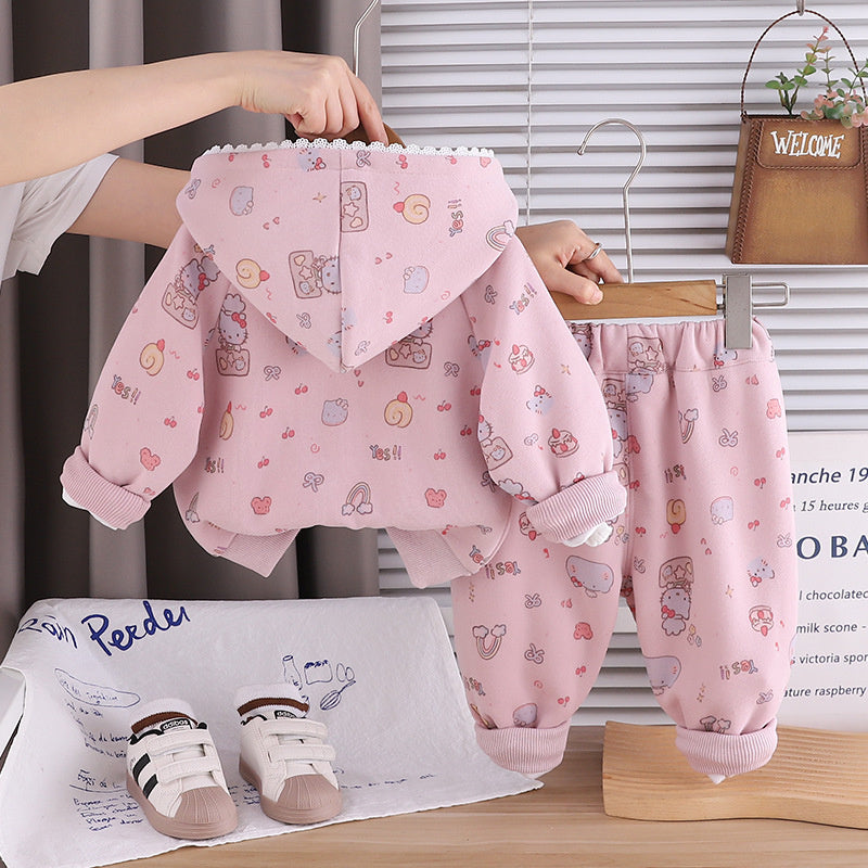Girls' Clothing 2026 Spring Lace Pocket Cartoon Hooded Zipper Jacket New Cute Three-Piece Set for Girls