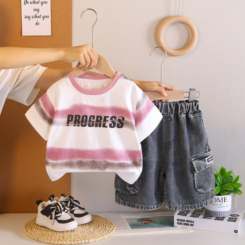 Boys' Outfit Baby Summer Short Sleeve 2026 New Fashionable Wide Stripe Letter Two-Piece Set for Toddlers