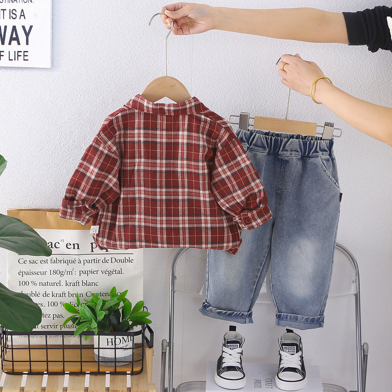 Korean-style clothing, children's outfit, boys' clothes, 2026 new model, baby boy's spring and autumn plaid shirt set, trendy