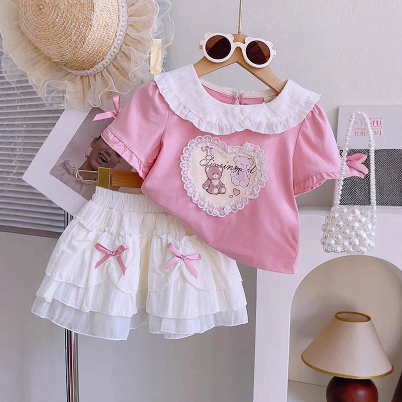 25006 Girls' 2025 Spring/Summer New Cartoon Cute Print Short Sleeve Top and Skirt Two-Piece Set