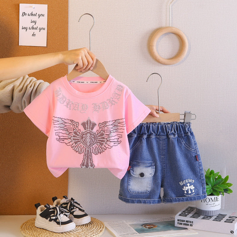 2026 Foreign Trade Summer Round Neck Rhinestone Children's Printed Thin T-shirt and Denim Two-piece Set Wholesale 3