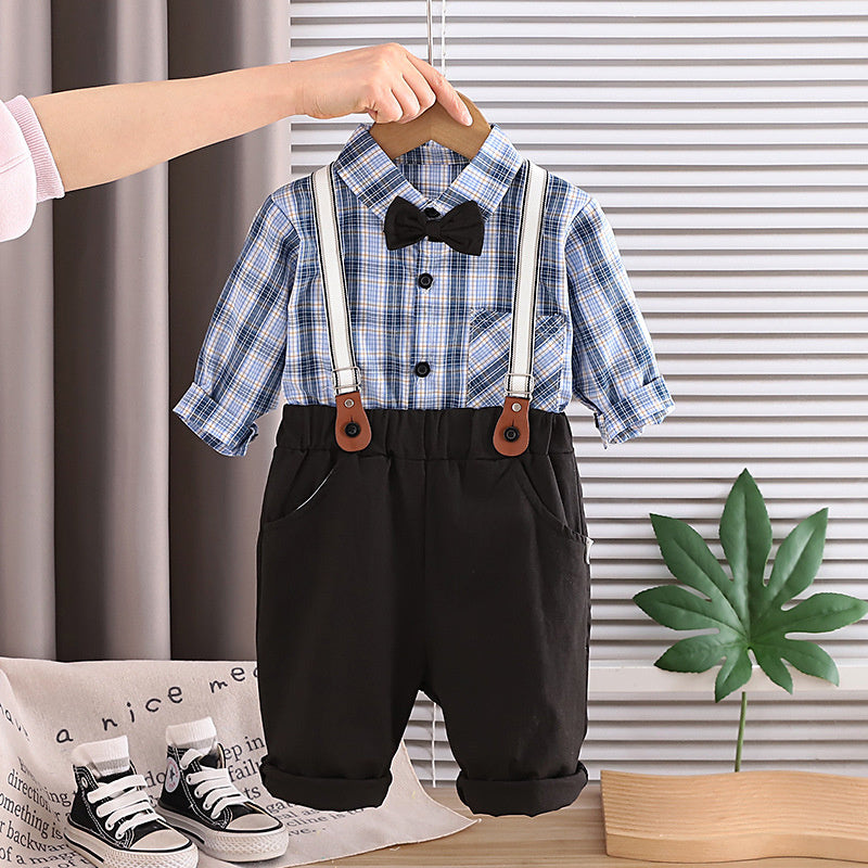 Baby Autumn Outfit: Plaid Shirt and Overalls Set, Stylish Spring-Autumn Clothes for 1-3 Year Olds, Two-Piece Trendy Children's Clothing