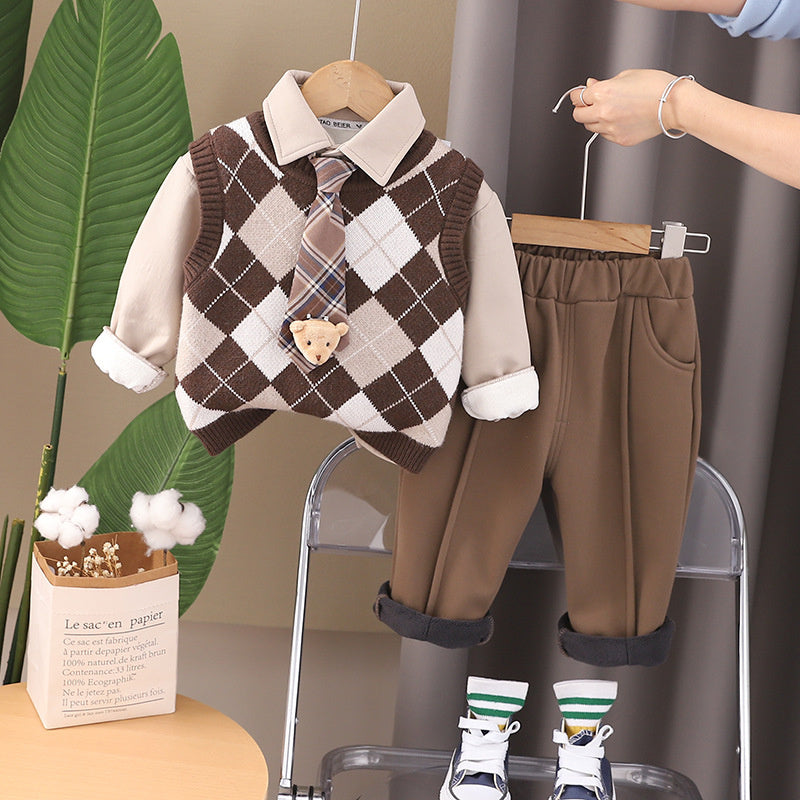 Baby Outfit Fashionable Stylish Fleece-Lined Children's Clothing Boys Winter Tie Pendant Bear Thickened Three-Piece Set Trendy