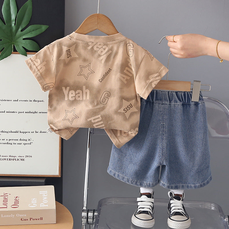 Boys' Short-Sleeve Two-Piece Set 2026 New Fashionable Baby Summer Outfit Casual Letter Print Clothes Trendy Stylish Suit
