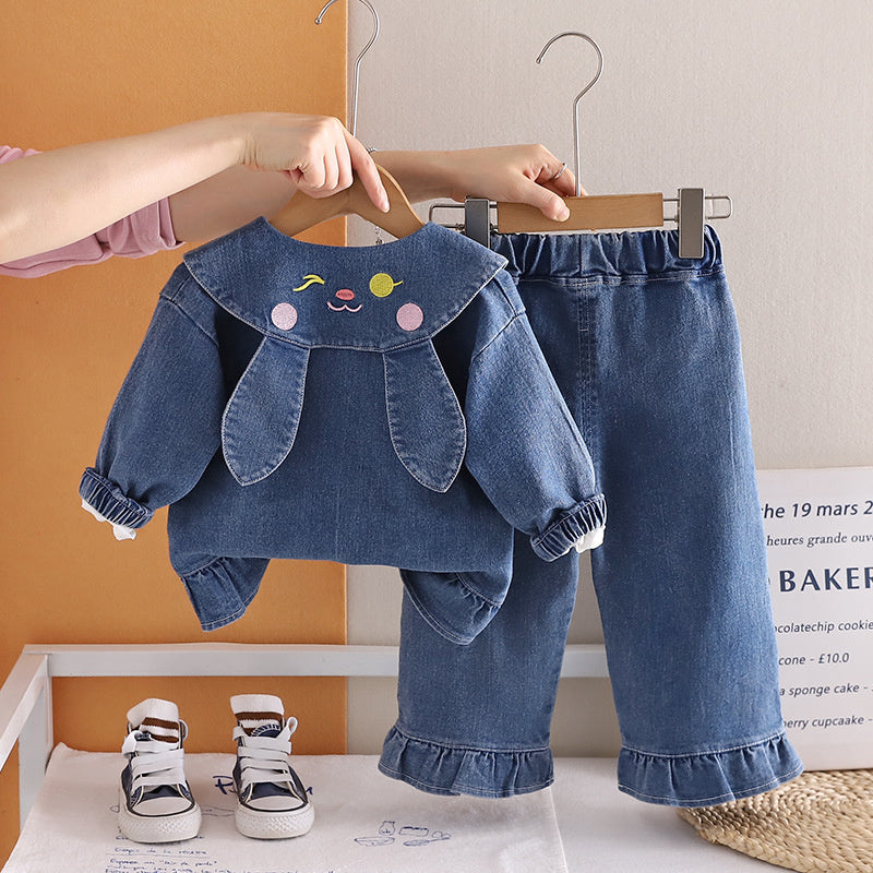 Girls' Outfit Spring and Fashionable 2026 Autumn New Baby Stylish Cartoon Rabbit Denim Three-Piece Set Wholesale