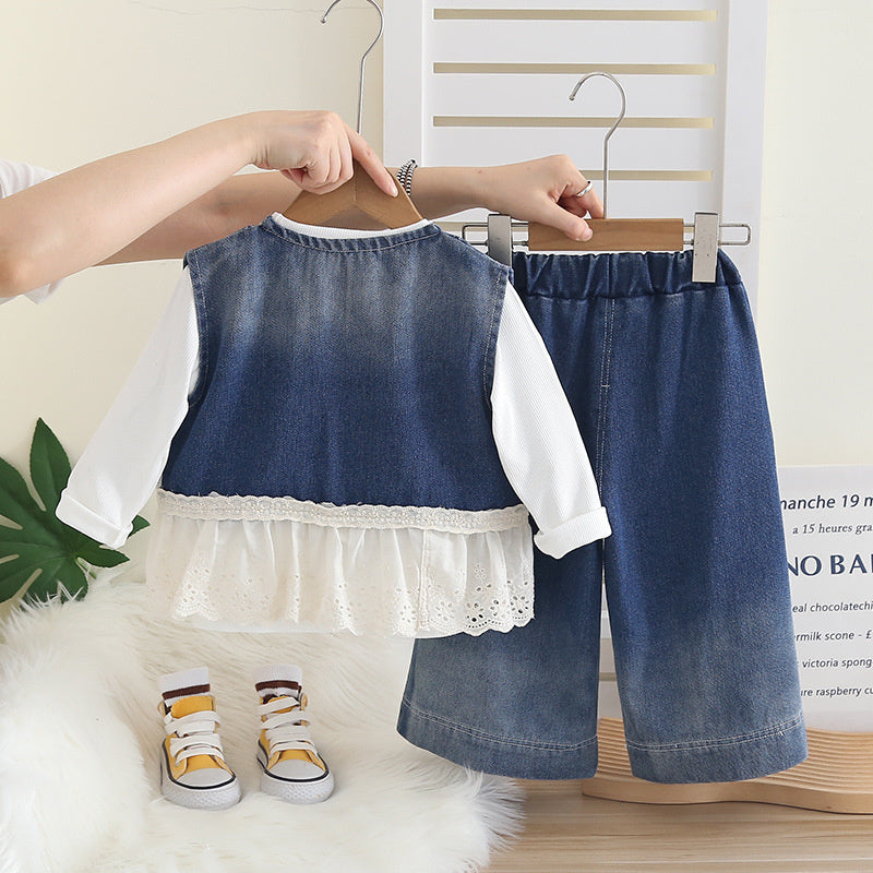 Girls' fashion stylish children's clothing, and autumn outfit, vest, lace skirt three-piece set, baby spring trendy clothing