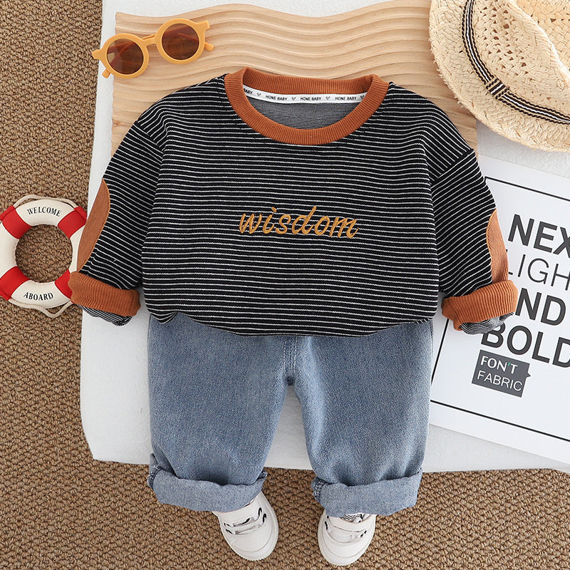 Boys' Stylish New 2025 Baby Spring Outfit Children's Clothing Striped Embroidered English Two-Piece Set