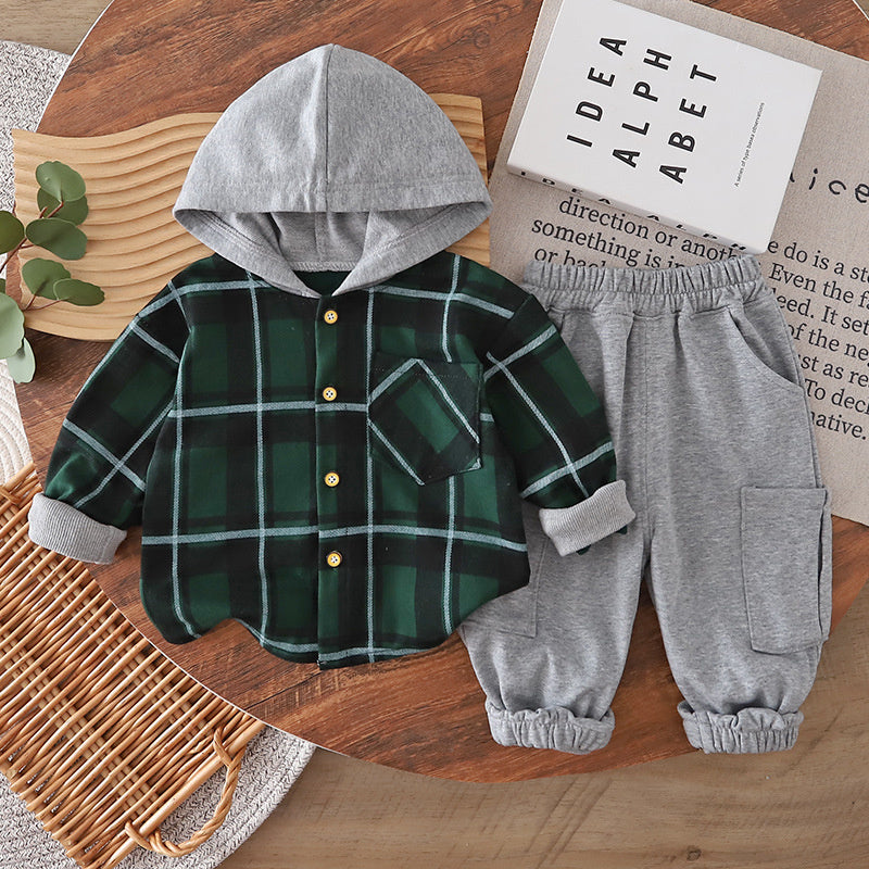 and Autumn Casual Hooded Plaid Shirt Set for Toddlers 1-3 Years Old, Baby Outerwear, Boys' Spring Outfit