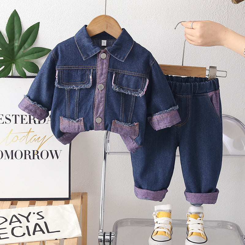 Baby girl spring outfit set, children's denim clothes with square pockets, stylish autumn wear for little girls