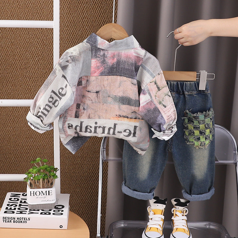 Boys' Outfit Children's Graffiti Workwear Stylish 1-2-3-4 Years Old Baby Spring Autumn Three-Piece Set One Piece Dropshipping
