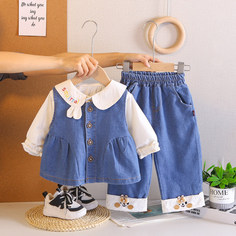 Girls' Embroidered Denim Vest Fashionable Spring Children's Spring-Autumn Outfit, Baby Long-Sleeve Three-Piece Set, Stylish