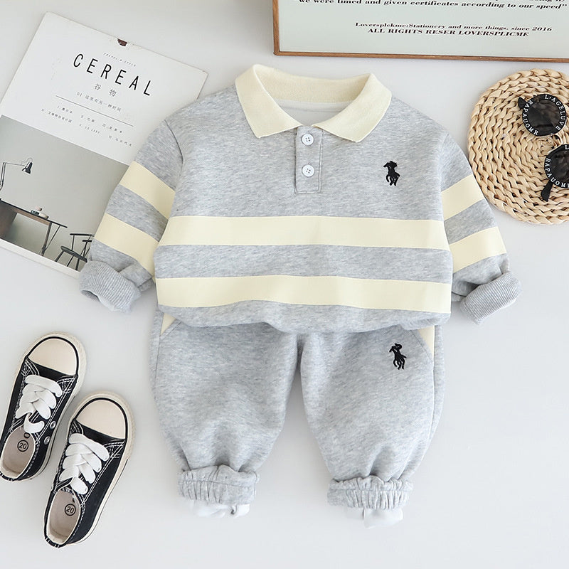 Boys' and Autumn Outfit Baby Spring Clothes Infant Children's Clothing New Embroidered Striped Polo Two-Piece Set for Boys