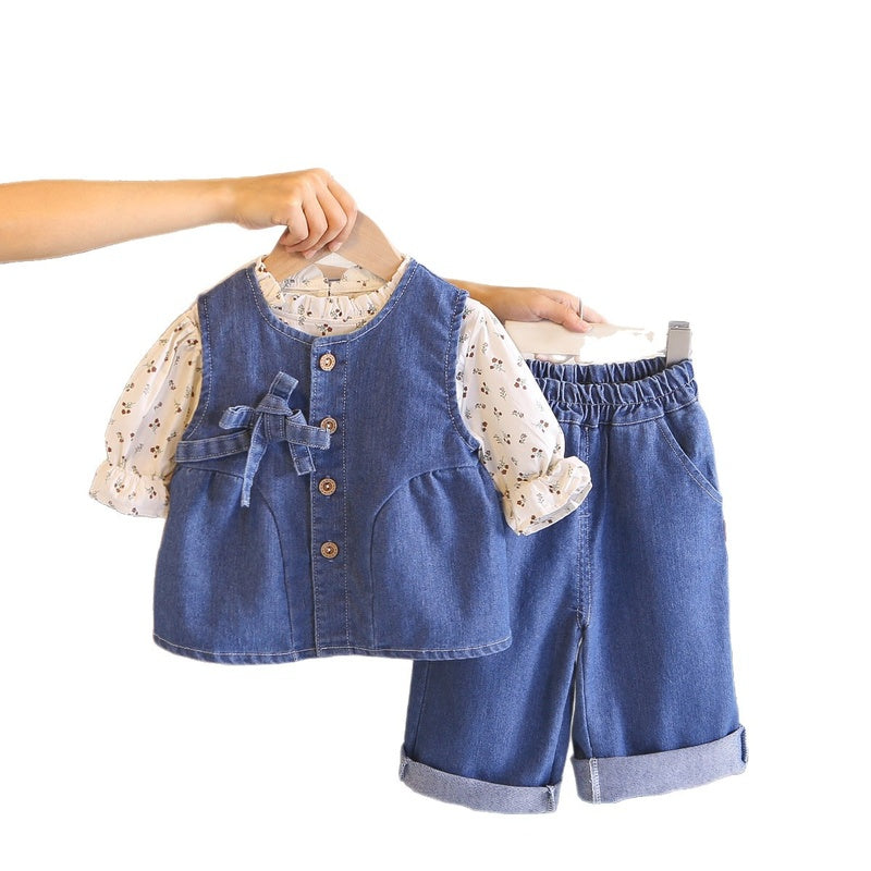 Girls' Floral Denim Spring and Autumn Vest Set 2026 Baby Stylish New Fashionable Children's Three-Piece Trendy Outfit