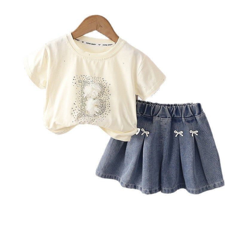Outfit 2026 New Fashionable Children's Clothing with Rhinestones Short Sleeve Baby Girl Summer Two-Piece Set