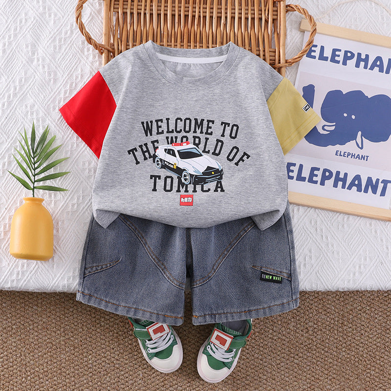 Boys' Cartoon Car Short Sleeve Set 2026 New Style for 1-4 Year Olds, Stylish Baby Korean Version Summer Outfit