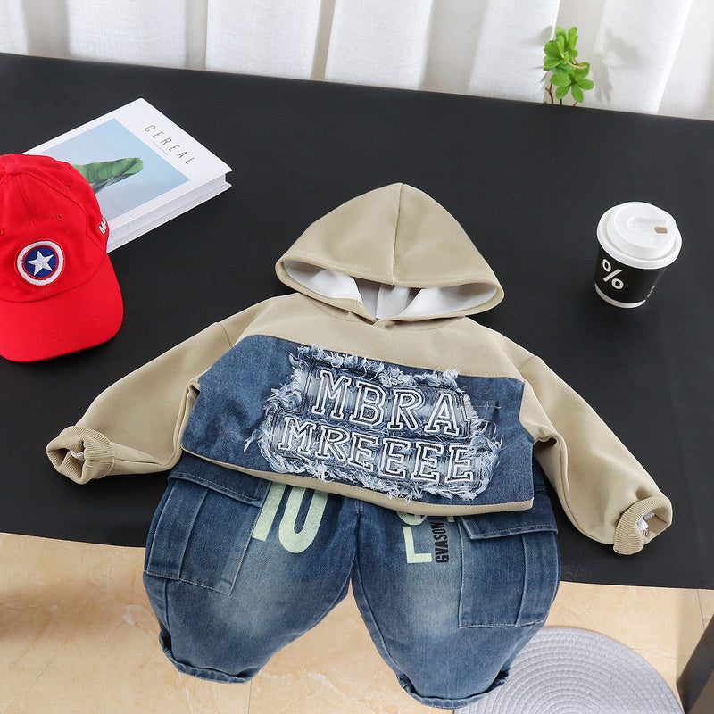 Boys' Outfit, Stylish New 2026 Embroidered Patch Sweatshirt Two-Piece Set, Cool Long-Sleeve Spring and Autumn Fashion