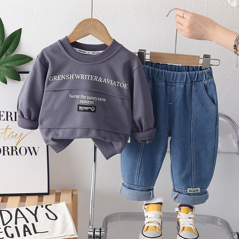 Boys' Autumn Fashionable Letter Patchwork Sweatshirt Two-Piece Set, Stylish Spring Outfit for Toddlers and Infants