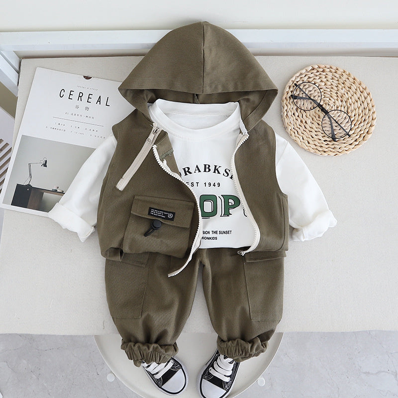 Boys' Spring Outfit 2024 New Korean Style Fashionable Children's Hooded Baby Double Zipper Workwear Vest Three-Piece Set