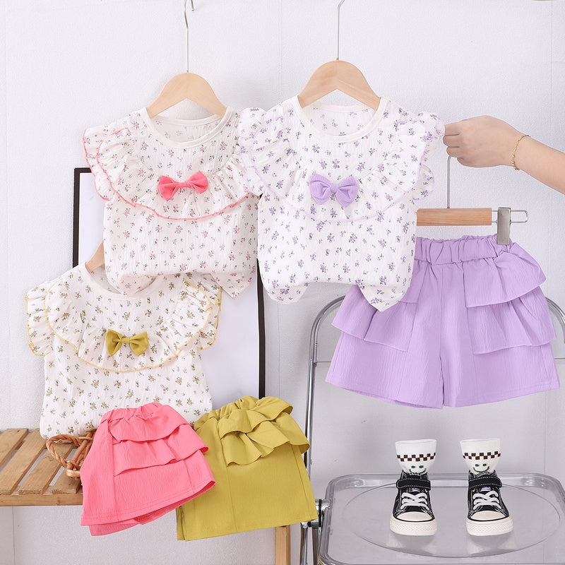 Cross-border children's clothing new style for girls, baby summer outfit with full floral print, bow tie, large collar, short-sleeved two-piece set, trendy