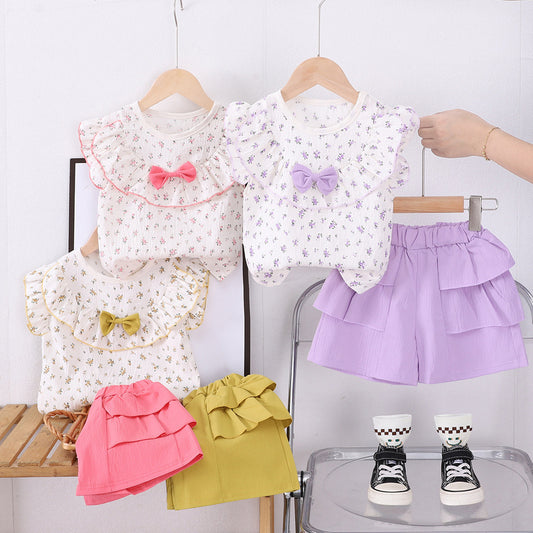 Cross-border children's clothing new style for girls, baby summer outfit with full floral print, bow tie, large collar, short-sleeved two-piece set, trendy