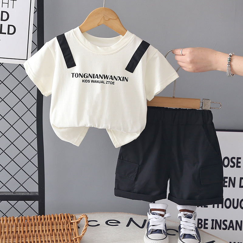 Boys' Short-Sleeve Outfit 2026 New Fashionable Fake Backpack Two-Piece Set Summer Children's Sportswear Trendy
