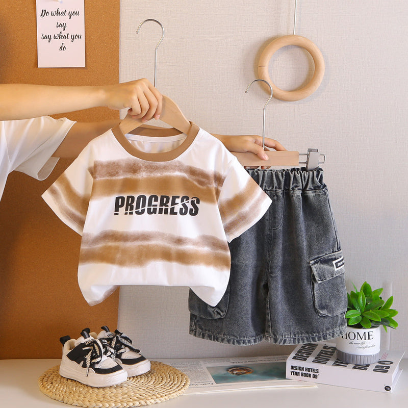 Boys' Outfit Baby Summer Short Sleeve 2026 New Fashionable Wide Stripe Letter Two-Piece Set for Toddlers