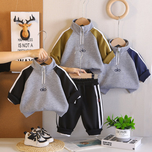 Boys' Autumn Outfit, New Spring Style for Baby Boys, Casual Two-Piece Set with Half-Zip and Color Block Long Sleeves, Trendy