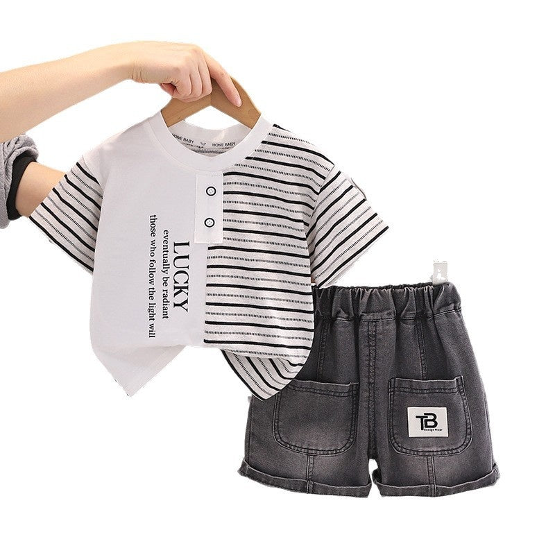 Boys' Outfit 2026 New Fashionable Two-Piece Set Baby Summer Half-Striped Short Sleeve Shorts for Infants and Toddlers