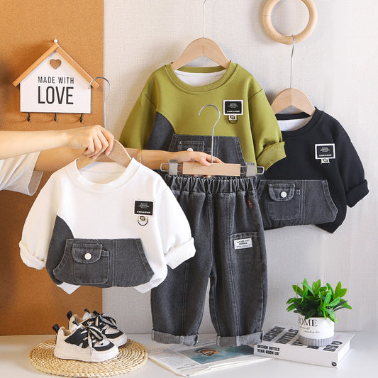 Stylish autumn outfit baby boys, two-piece denim sweatshirt set for boys in spring and autumn, trendy children's clothing
