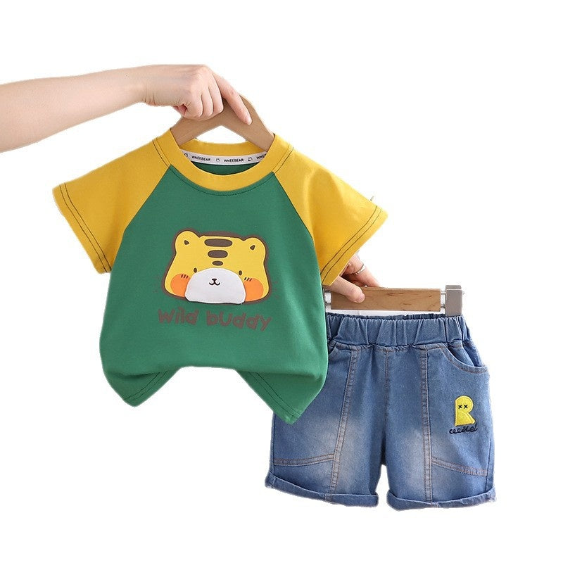 Boys' Outfit 2026 New Korean Style Children's Baby Color-Block Cartoon Short-Sleeve Shorts Two-Piece Summer Fashion Set